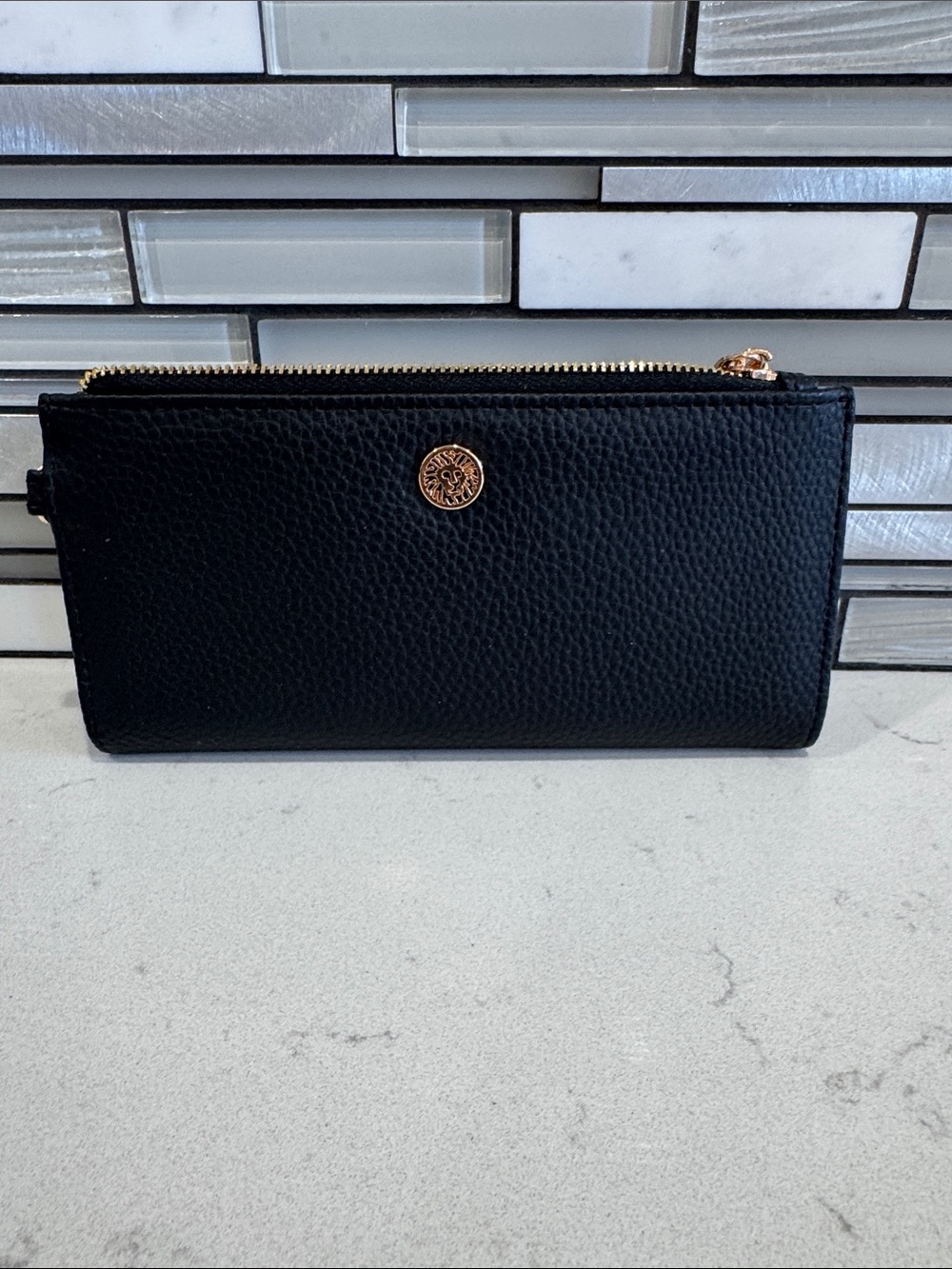 Anne Klein Black Pebbled Zip Wallet with Rose Gold Accent